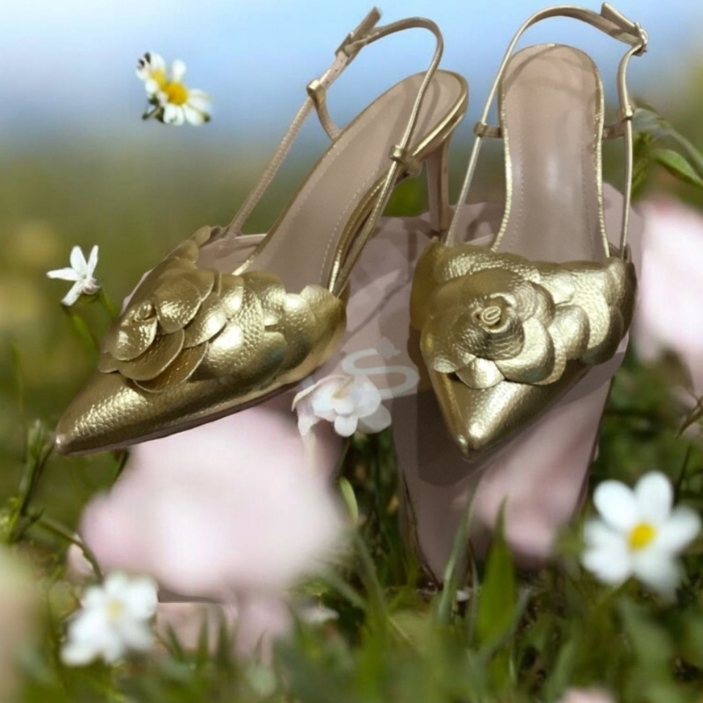 JustFab Gold Floral Stilettos Big Flower Very Sexy Formal 8.5